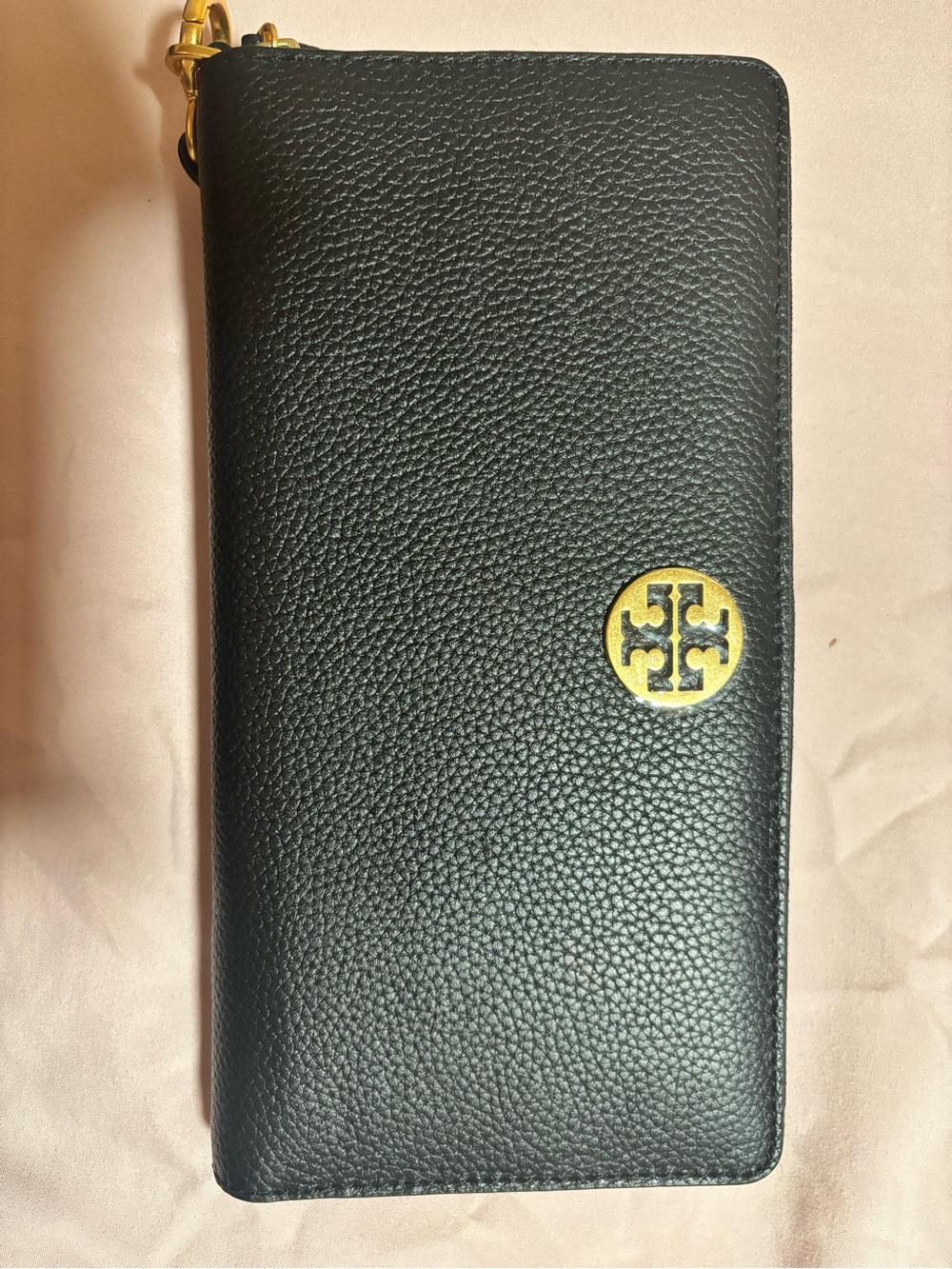 Tory Burch Black Leather Wristlet with Gold Medallion